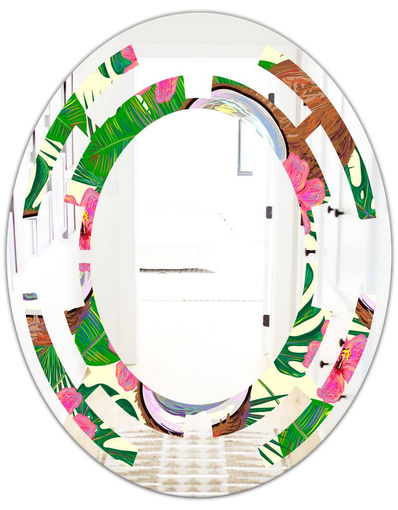 DesignQ Tropical Cooconut And Jungle Flowers - Modern Round Or Oval Wall Mirror - Space