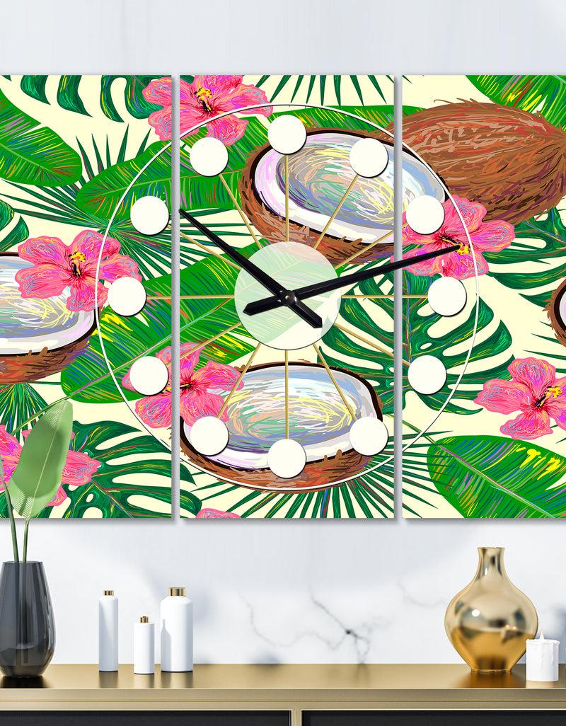 DesignQ Tropical Cooconut and Jungle Flowers - Oversized Mid-Century wall clock - 3 Panels