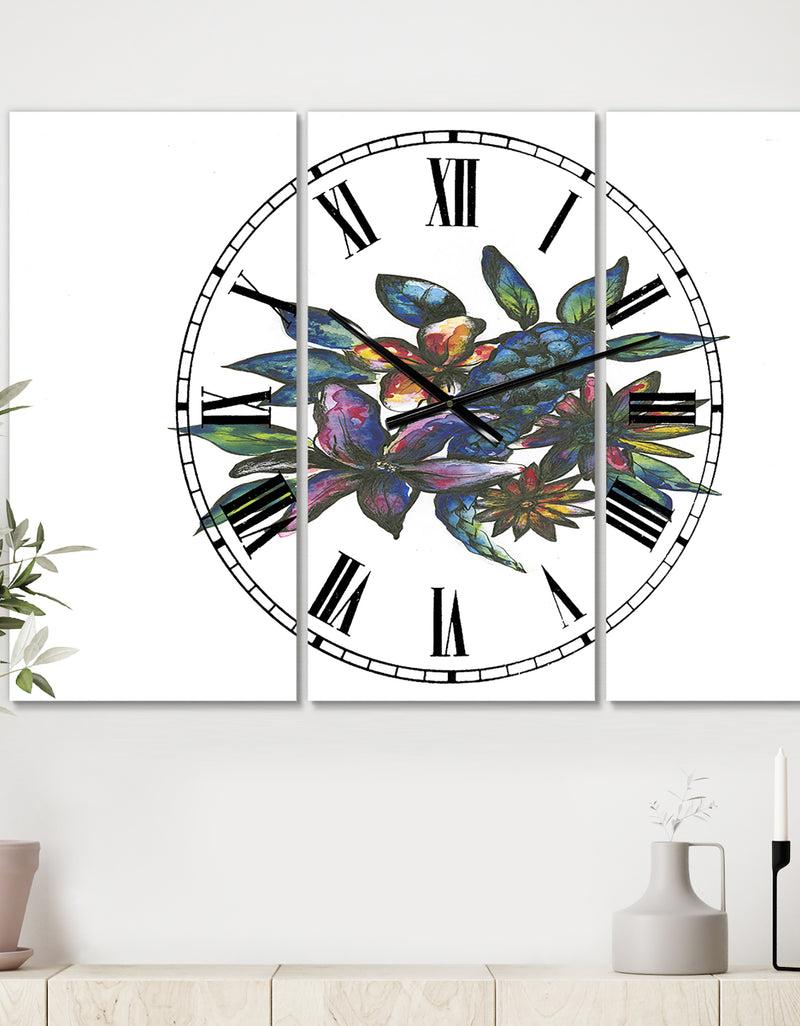 DesignQ Tropical Flowers - Large Cottage Wall Clock - 3 Panels
