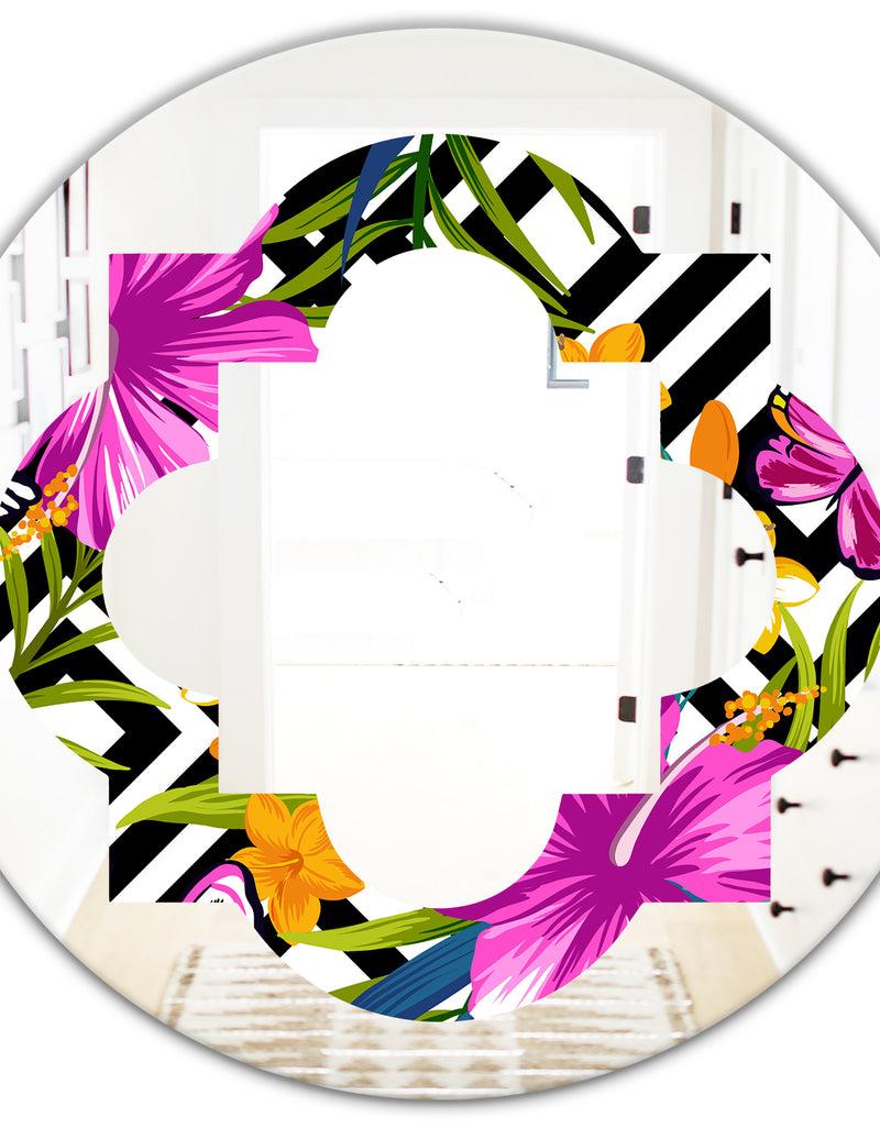 DesignQ Tropical Foliage And Geometrics - Modern Round Or Oval Wall Mirror - Quatrefoil