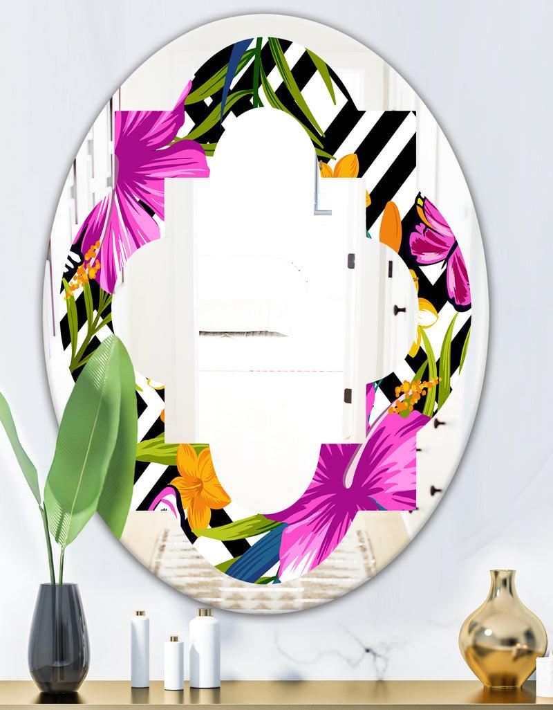 DesignQ Tropical Foliage And Geometrics - Modern Round Or Oval Wall Mirror - Quatrefoil