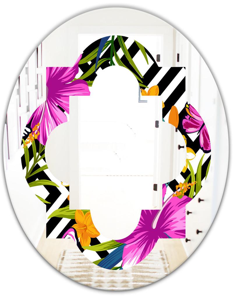 DesignQ Tropical Foliage And Geometrics - Modern Round Or Oval Wall Mirror - Quatrefoil