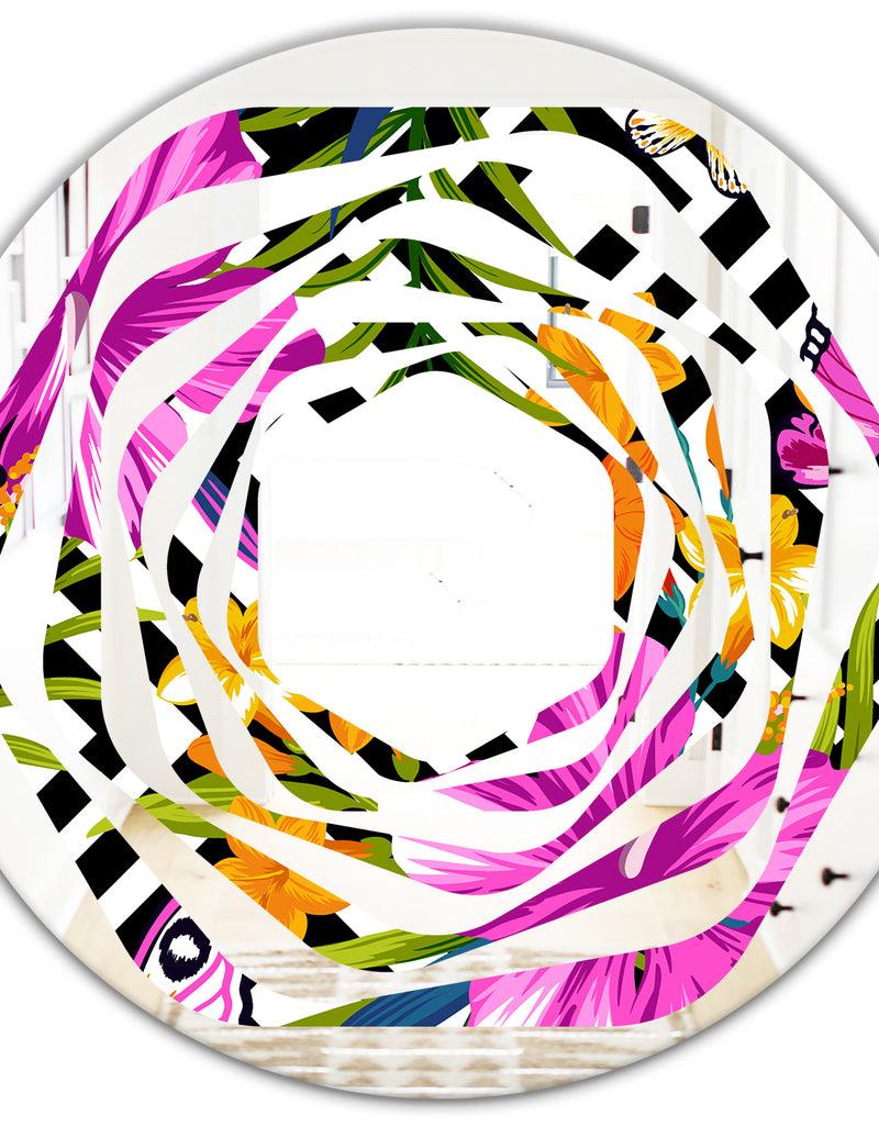 DesignQ Tropical Foliage And Geometrics - Modern Round Or Oval Wall Mirror - Whirl