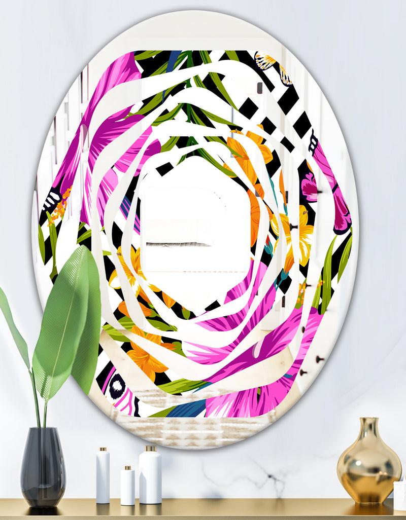 DesignQ Tropical Foliage And Geometrics - Modern Round Or Oval Wall Mirror - Whirl