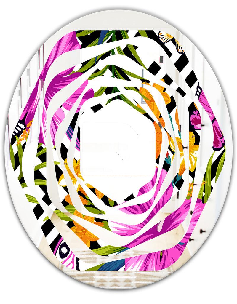DesignQ Tropical Foliage And Geometrics - Modern Round Or Oval Wall Mirror - Whirl