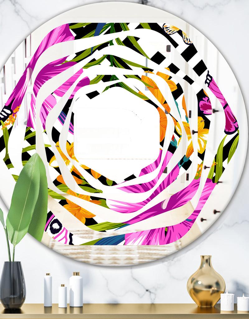 DesignQ Tropical Foliage and Geometrics - Modern Round or Oval Wall Mirror - Whirl