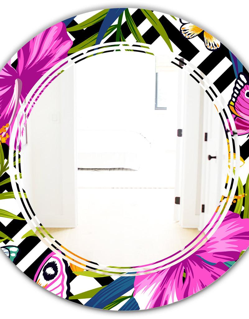 DesignQ Tropical Foliage And Geometrics - Modern Round Or Oval Wall Mirror - Triple C