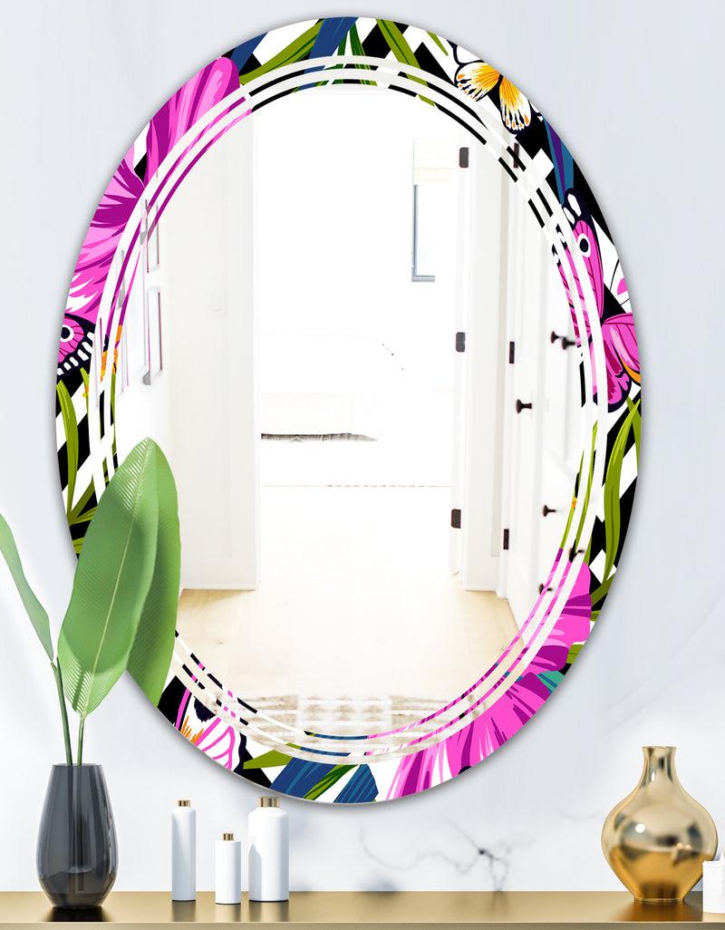 DesignQ Tropical Foliage And Geometrics - Modern Round Or Oval Wall Mirror - Triple C