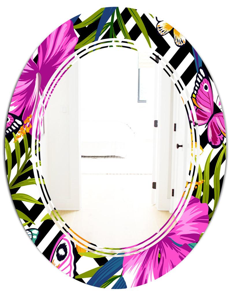 DesignQ Tropical Foliage And Geometrics - Modern Round Or Oval Wall Mirror - Triple C
