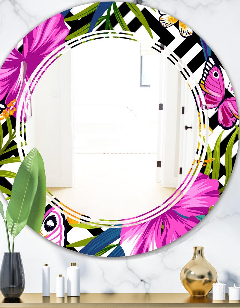 DesignQ Tropical Foliage and Geometrics - Modern Round or Oval Wall Mirror - Triple C