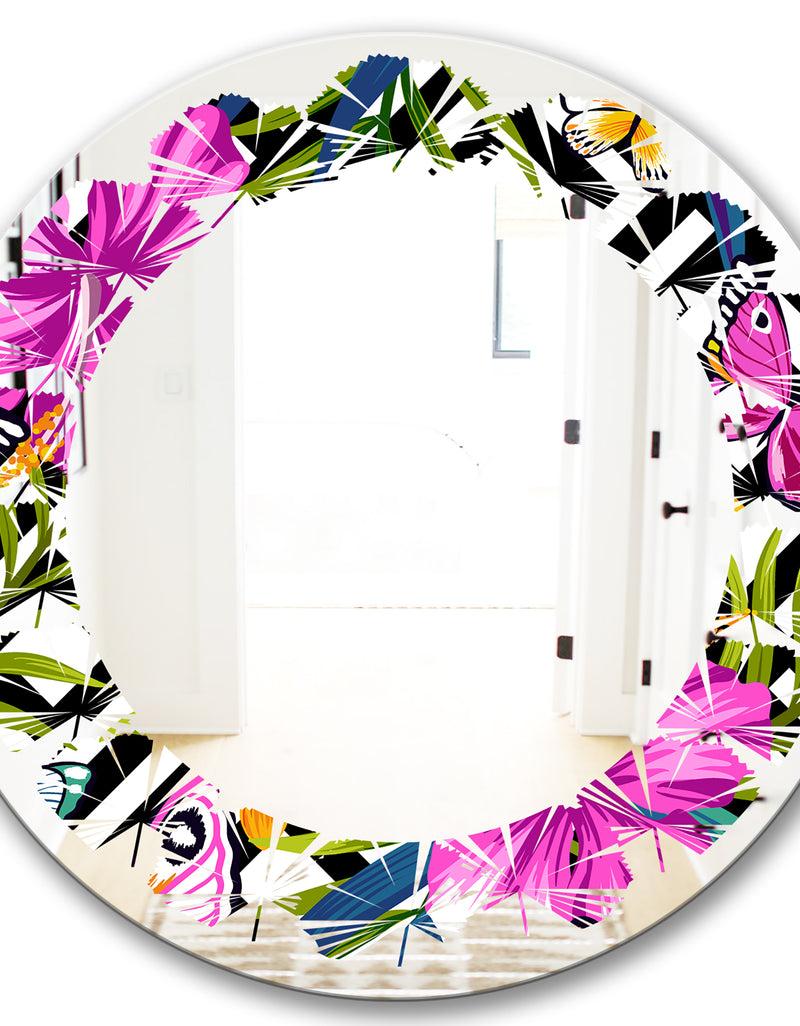 DesignQ Tropical Foliage And Geometrics - Modern Round Or Oval Wall Mirror - Leaves