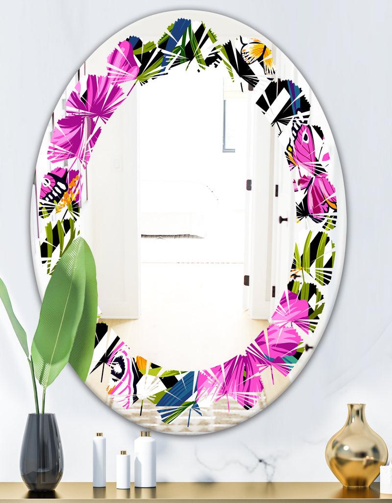 DesignQ Tropical Foliage And Geometrics - Modern Round Or Oval Wall Mirror - Leaves