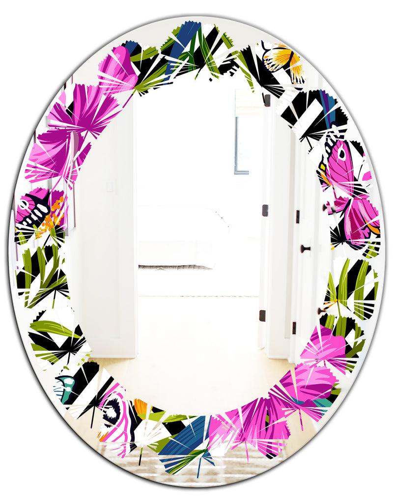 DesignQ Tropical Foliage And Geometrics - Modern Round Or Oval Wall Mirror - Leaves