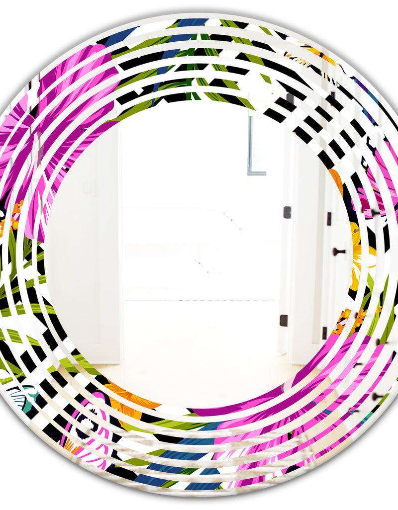 DesignQ Tropical Foliage And Geometrics - Modern Round Or Oval Wall Mirror - Wave