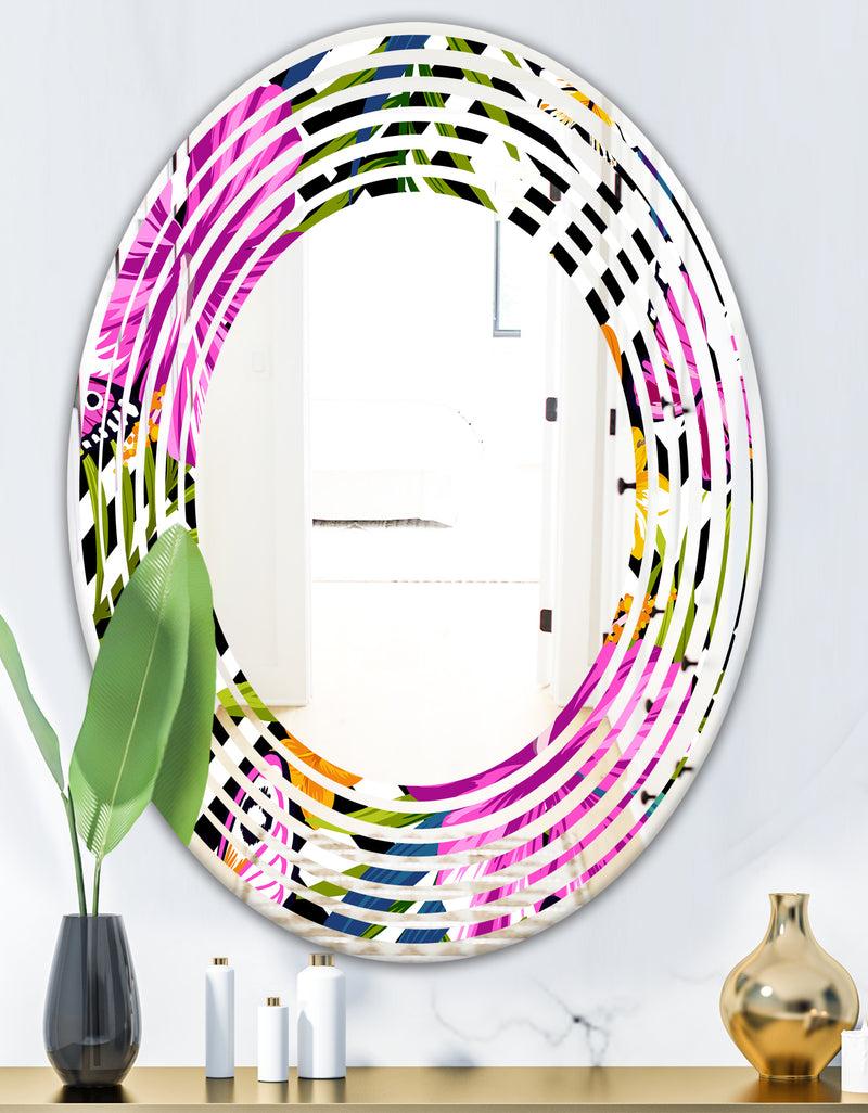 DesignQ Tropical Foliage And Geometrics - Modern Round Or Oval Wall Mirror - Wave