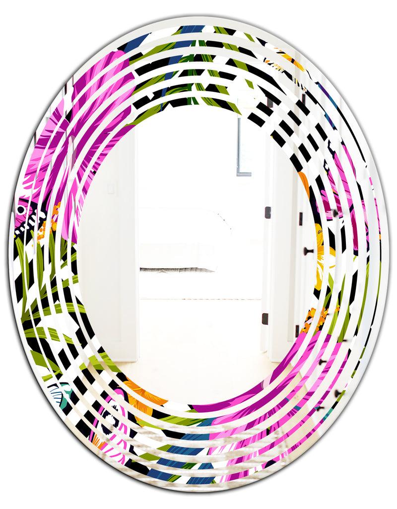 DesignQ Tropical Foliage And Geometrics - Modern Round Or Oval Wall Mirror - Wave