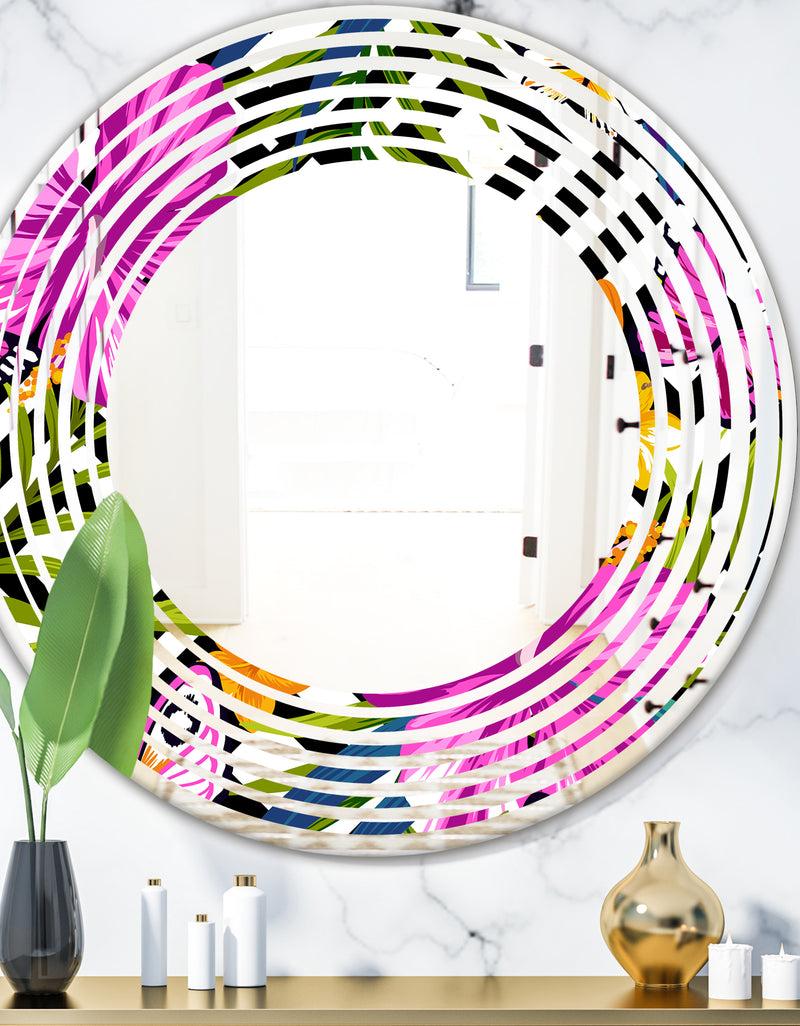 DesignQ Tropical Foliage and Geometrics - Modern Round or Oval Wall Mirror - Wave