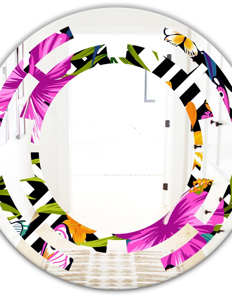 DesignQ Tropical Foliage And Geometrics - Modern Round Or Oval Wall Mirror - Space