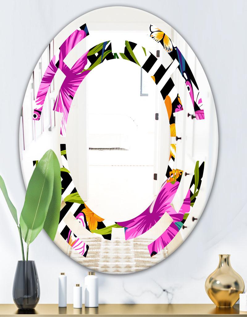 DesignQ Tropical Foliage And Geometrics - Modern Round Or Oval Wall Mirror - Space