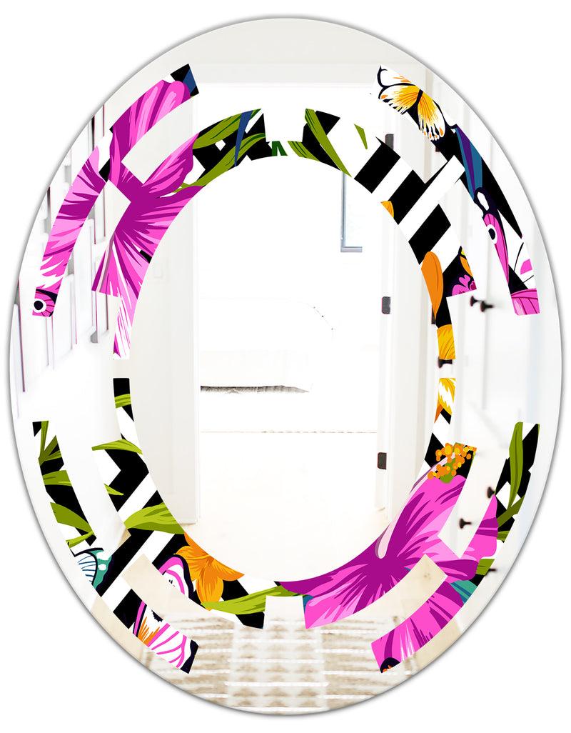 DesignQ Tropical Foliage And Geometrics - Modern Round Or Oval Wall Mirror - Space