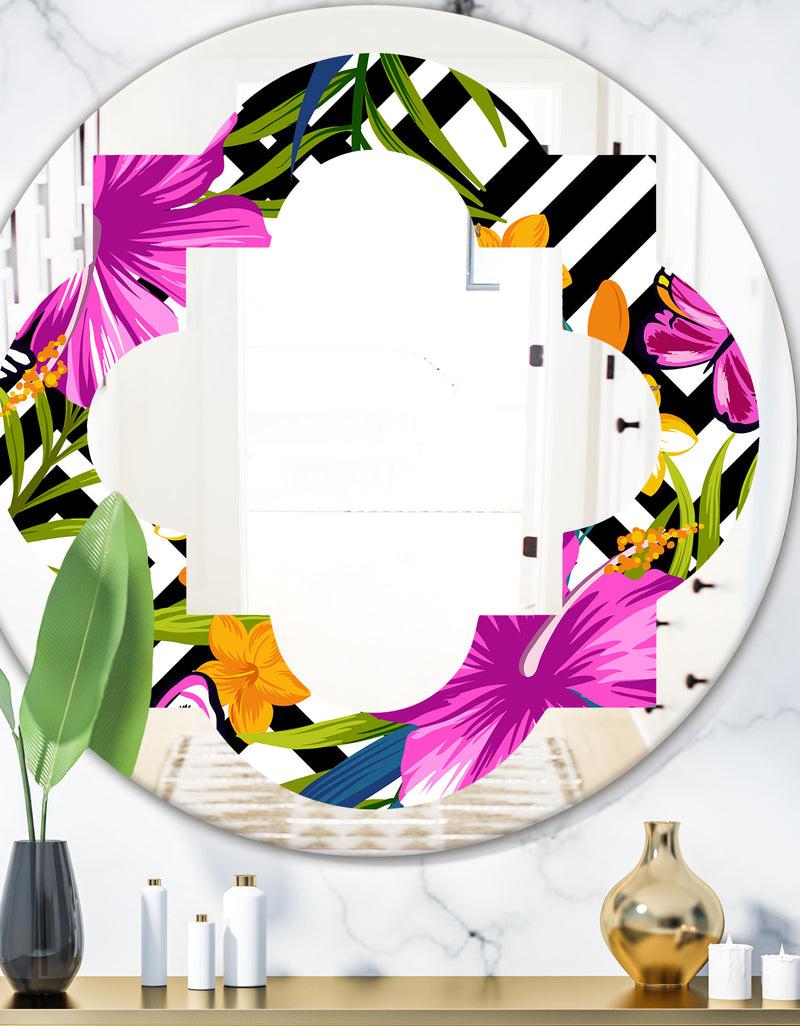DesignQ Tropical Foliage and Geometrics - Modern Round or Oval Wall Mirror - Quatrefoil