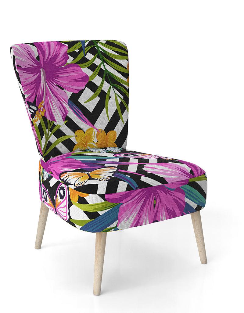 DesignQ Tropical Foliage And Geometrics - Upholstered Mid-Century Accent Chair
