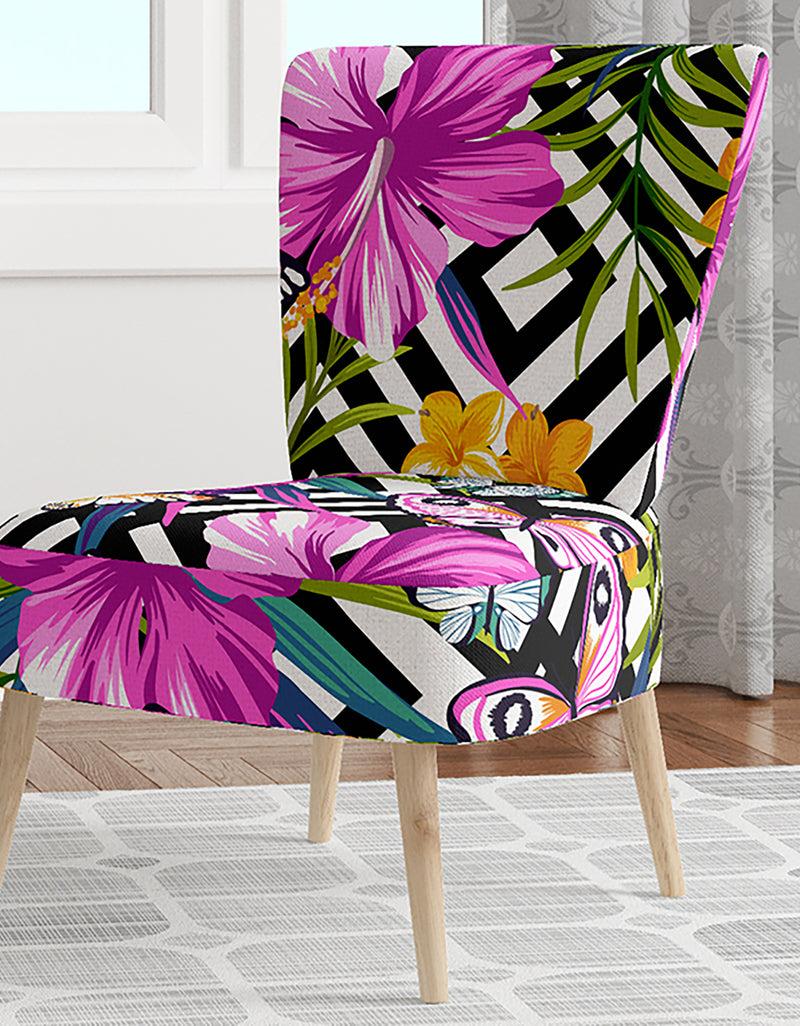 DesignQ Tropical Foliage And Geometrics - Upholstered Mid-Century Accent Chair