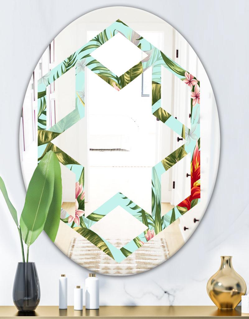 DesignQ Tropical Foliage II - Modern Round Or Oval Wall Mirror - Hexagon Star