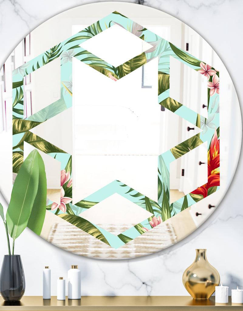 DesignQ Tropical Foliage II - Modern Round or Oval Wall Mirror - Hexagon Star