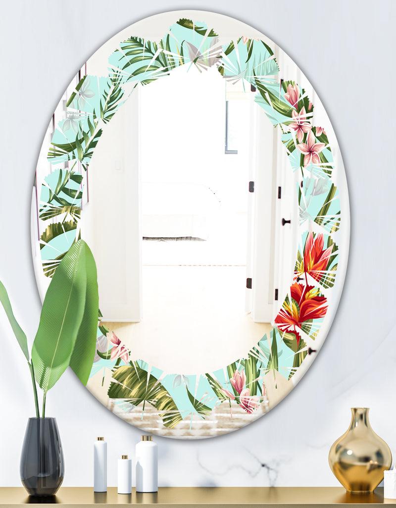 DesignQ Tropical Foliage II - Modern Round Or Oval Wall Mirror - Leaves