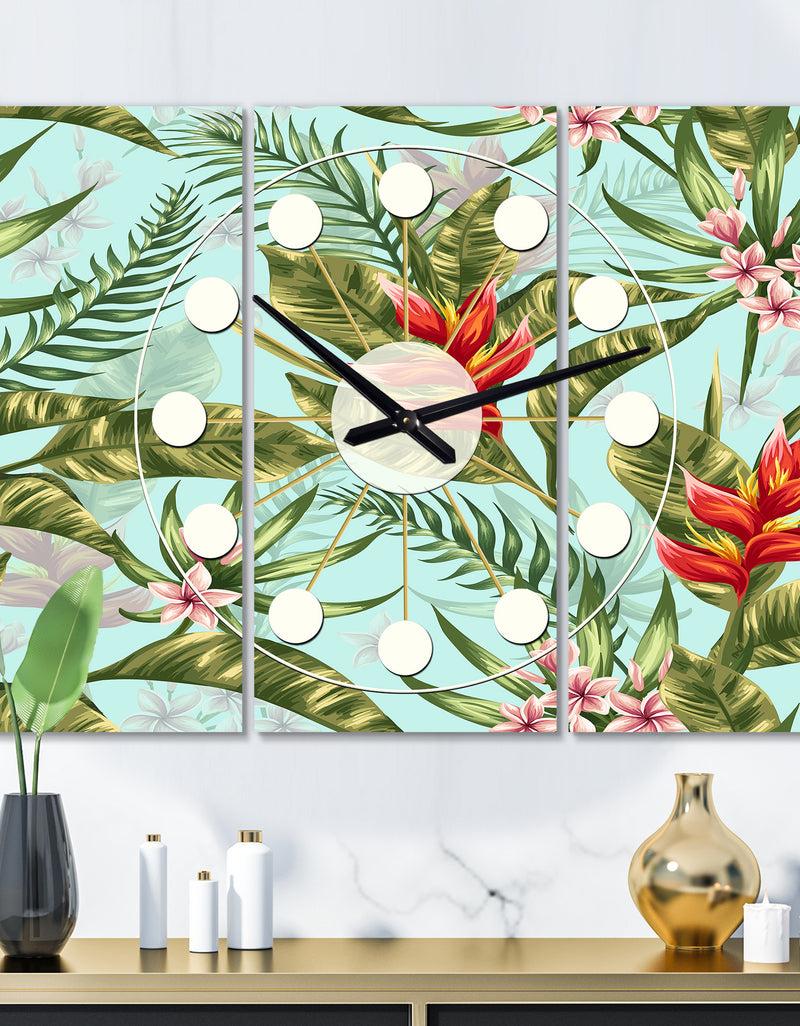 DesignQ Tropical Foliage II - Oversized Mid-Century wall clock - 3 Panels