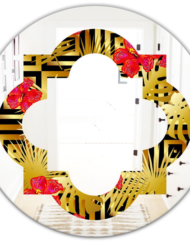 DesignQ Tropical Gold Luxury Pattern I - Modern Round Or Oval Wall Mirror - Quatrefoil