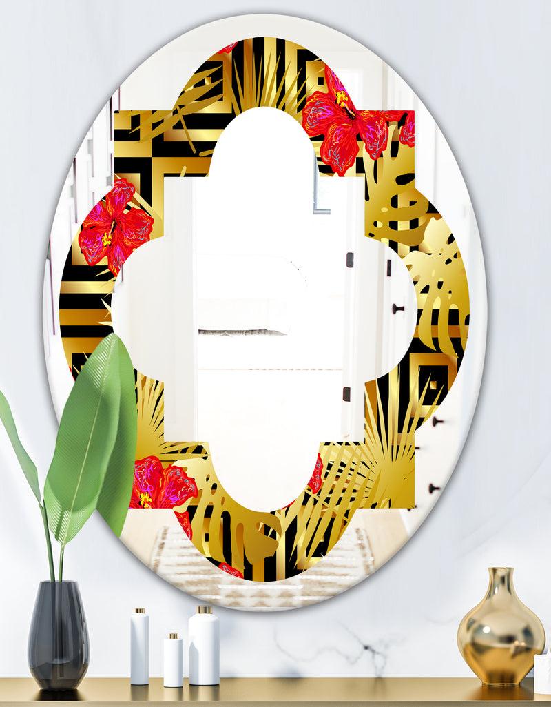 DesignQ Tropical Gold Luxury Pattern I - Modern Round Or Oval Wall Mirror - Quatrefoil
