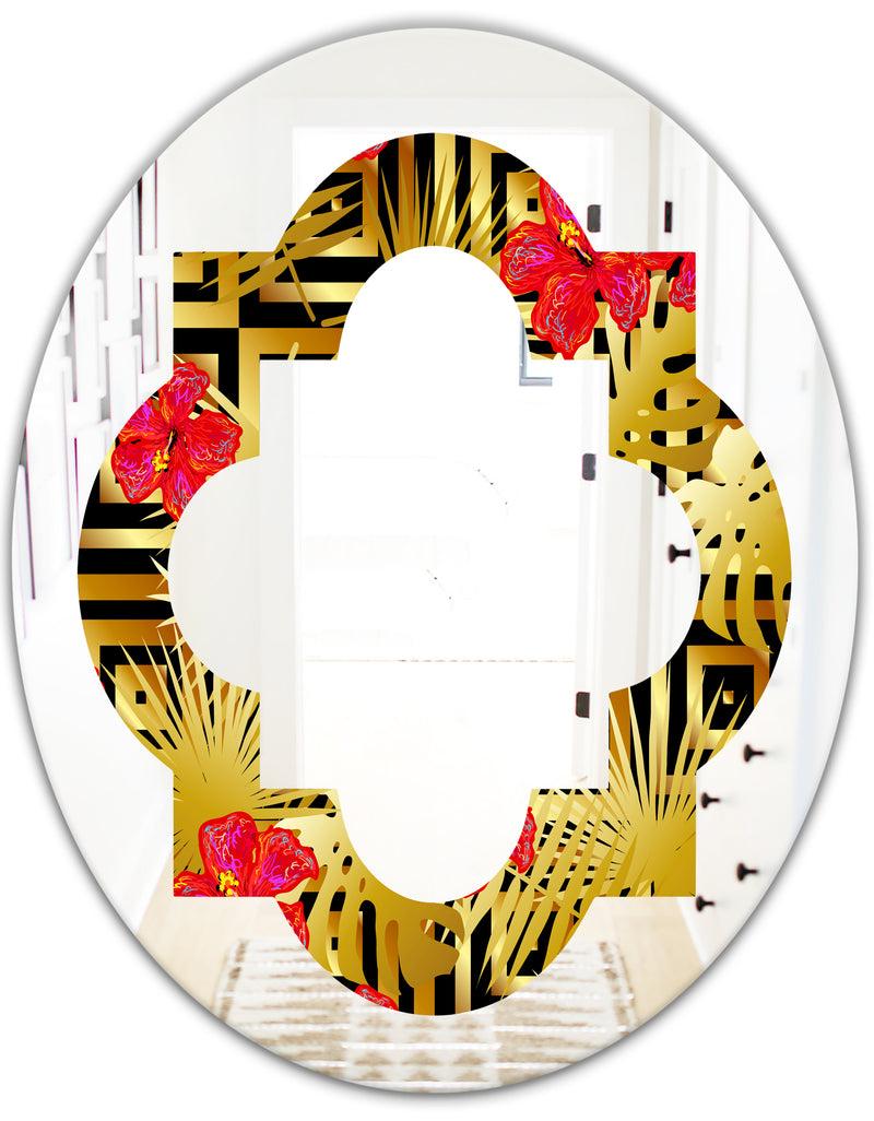 DesignQ Tropical Gold Luxury Pattern I - Modern Round Or Oval Wall Mirror - Quatrefoil