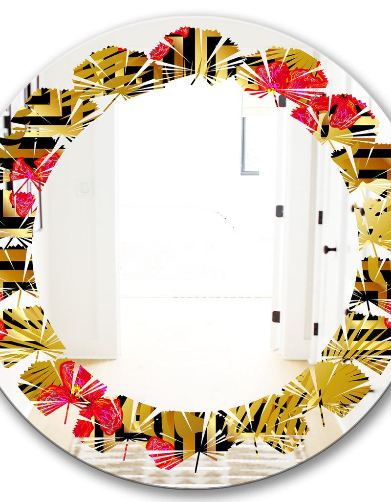 DesignQ Tropical Gold Luxury Pattern I - Modern Round Or Oval Wall Mirror - Leaves