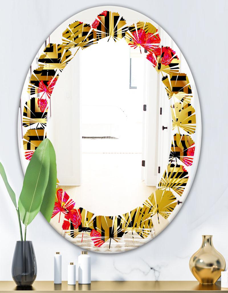 DesignQ Tropical Gold Luxury Pattern I - Modern Round Or Oval Wall Mirror - Leaves