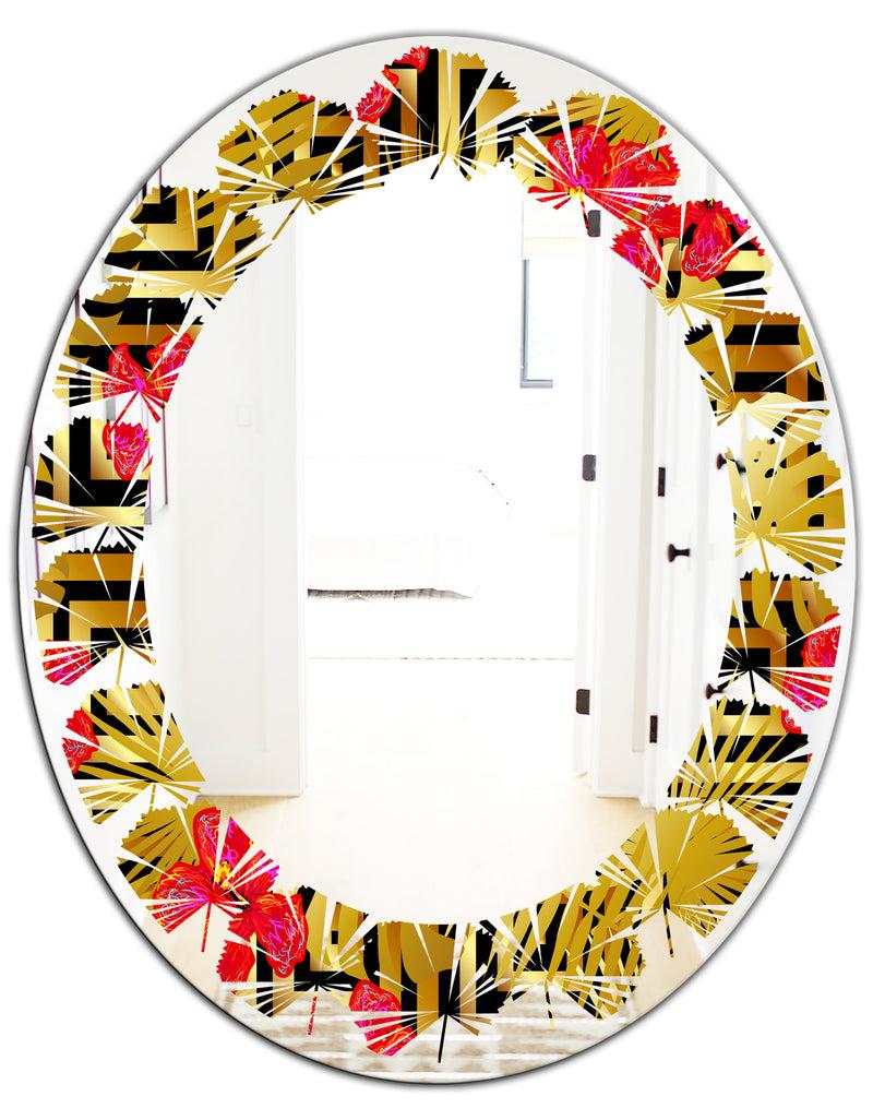 DesignQ Tropical Gold Luxury Pattern I - Modern Round Or Oval Wall Mirror - Leaves