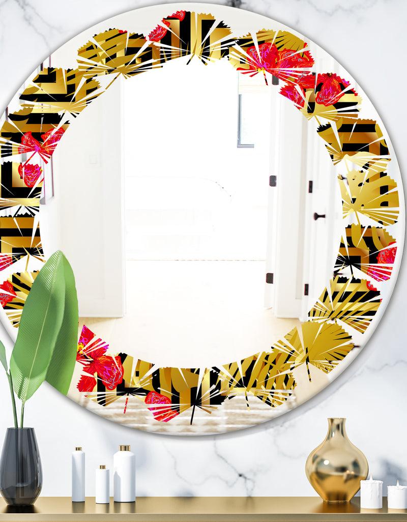 DesignQ Tropical Gold Luxury Pattern I - Modern Round or Oval Wall Mirror - Leaves