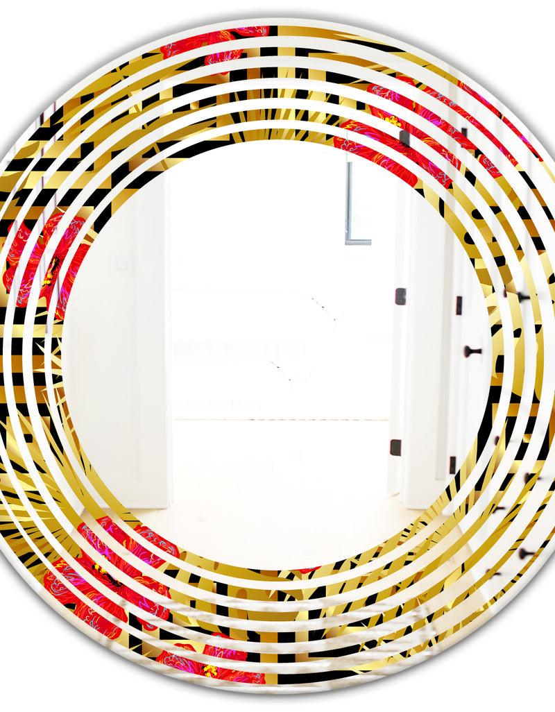 DesignQ Tropical Gold Luxury Pattern I - Modern Round Or Oval Wall Mirror - Wave