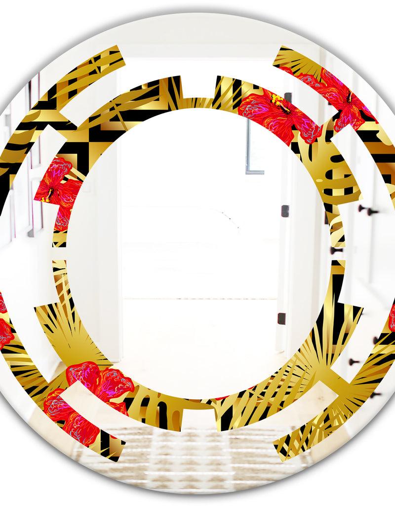 DesignQ Tropical Gold Luxury Pattern I - Modern Round Or Oval Wall Mirror - Space