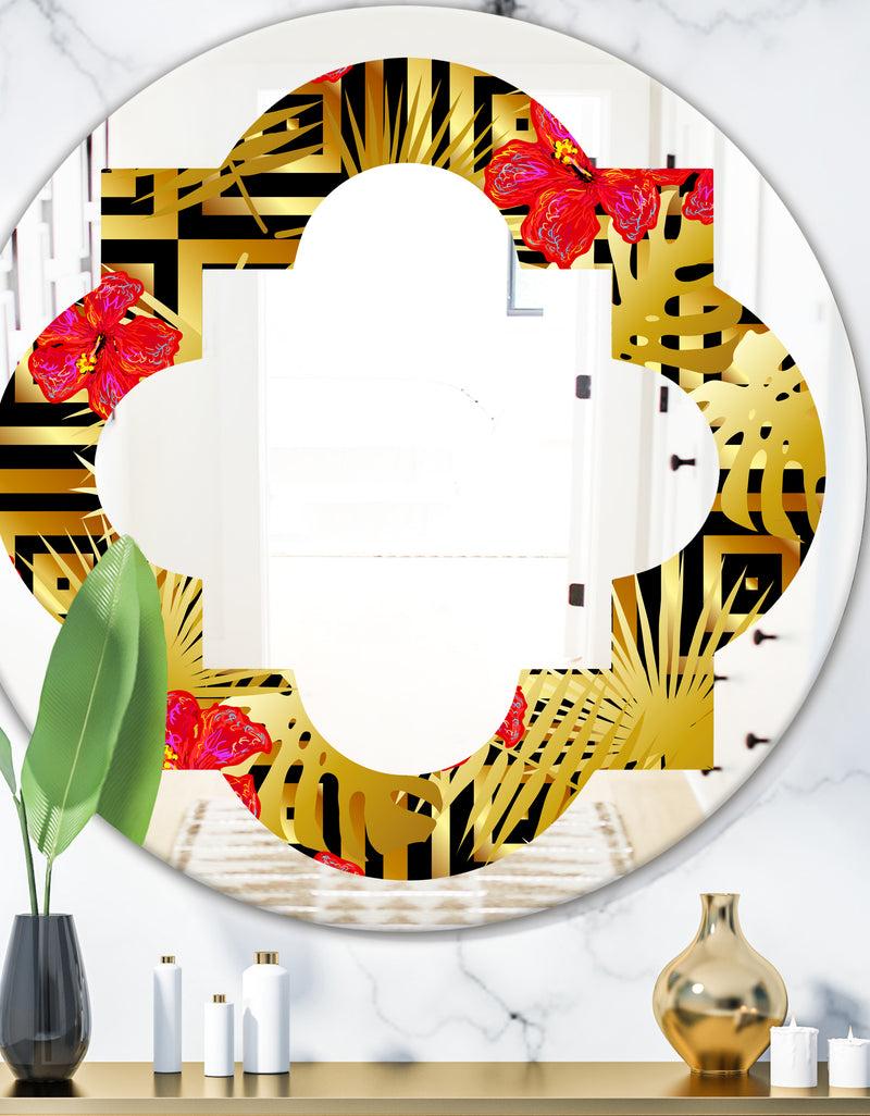 DesignQ Tropical Gold Luxury Pattern I - Modern Round or Oval Wall Mirror - Quatrefoil