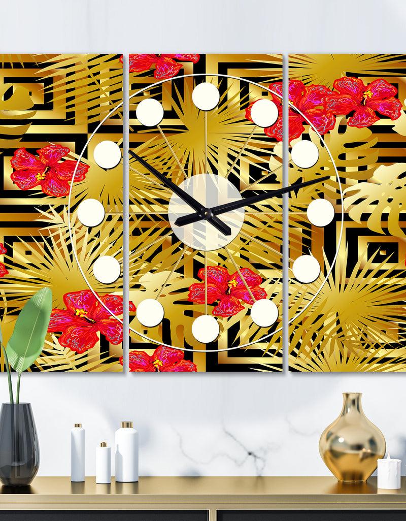 DesignQ Tropical Gold Luxury Pattern I - Oversized Mid-Century wall clock - 3 Panels