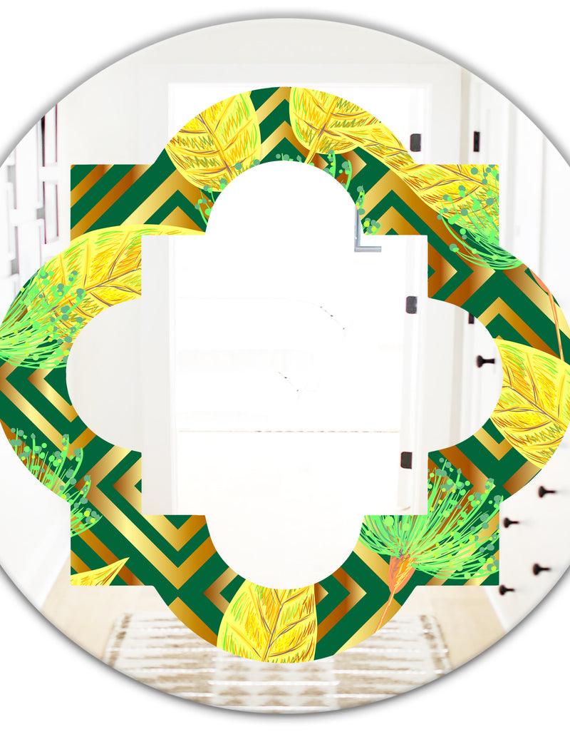 DesignQ Tropical Gold Luxury Pattern II - Modern Round Or Oval Wall Mirror - Quatrefoil