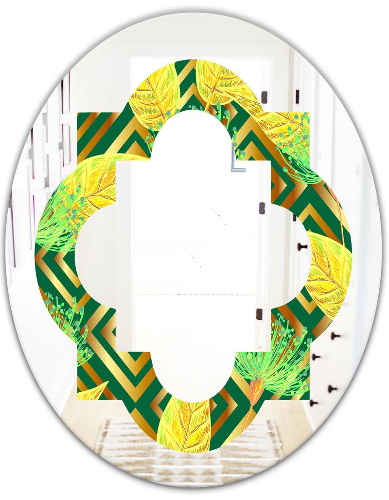 DesignQ Tropical Gold Luxury Pattern II - Modern Round Or Oval Wall Mirror - Quatrefoil