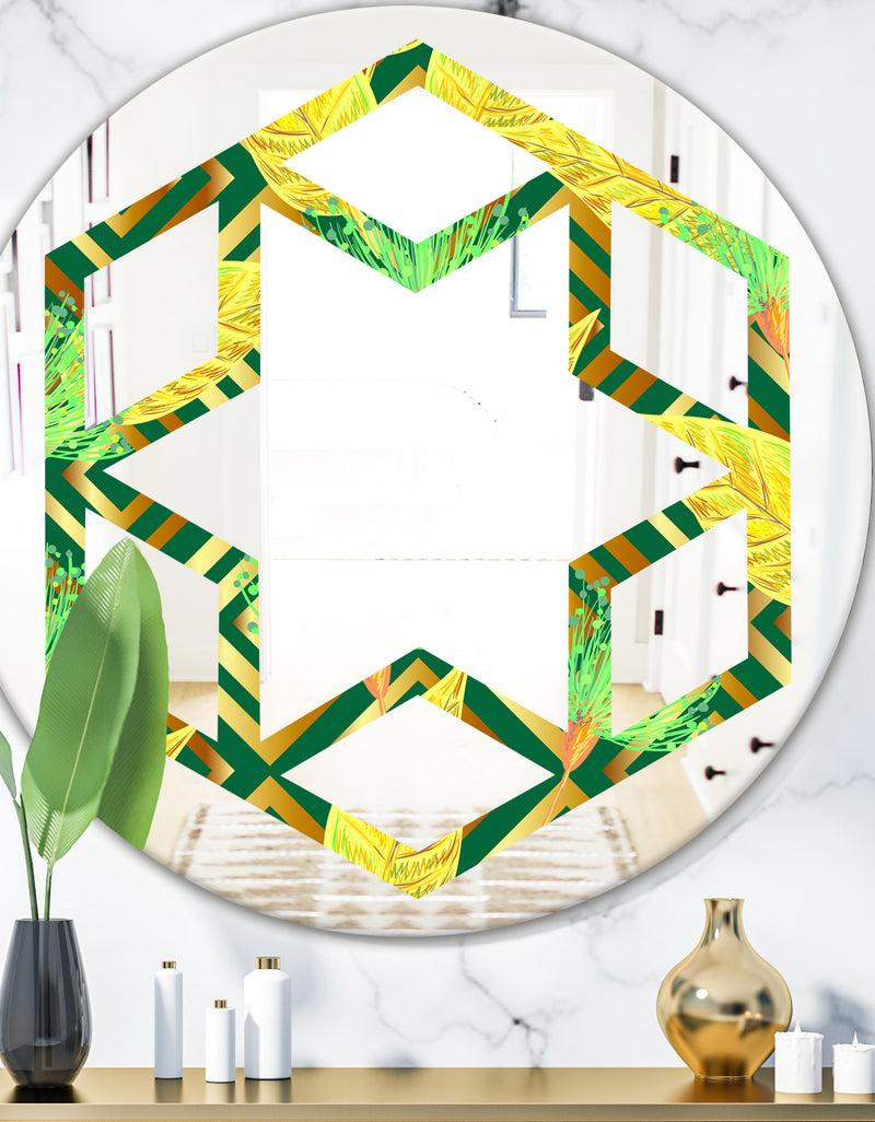 DesignQ Tropical Gold Luxury Pattern II - Modern Round or Oval Wall Mirror - Hexagon Star