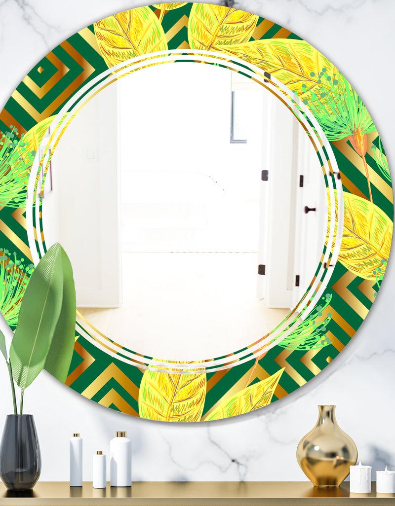 DesignQ Tropical Gold Luxury Pattern II - Modern Round or Oval Wall Mirror - Triple C