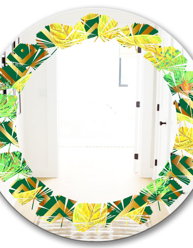DesignQ Tropical Gold Luxury Pattern II - Modern Round Or Oval Wall Mirror - Leaves