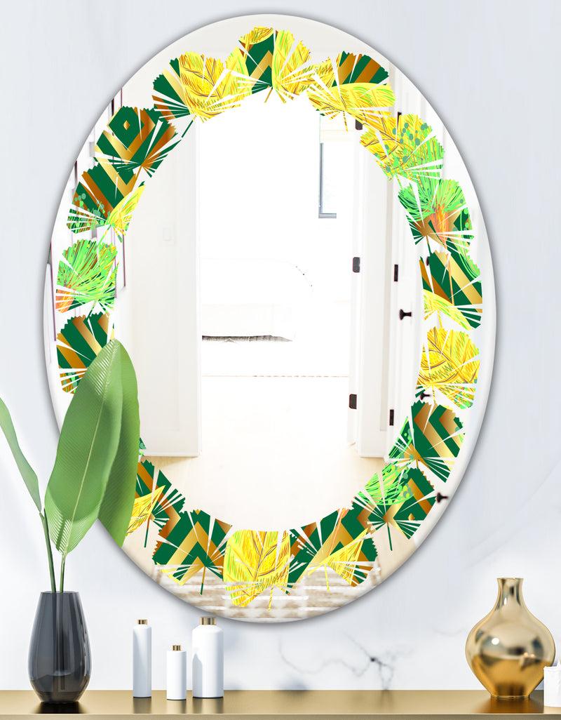 DesignQ Tropical Gold Luxury Pattern II - Modern Round Or Oval Wall Mirror - Leaves