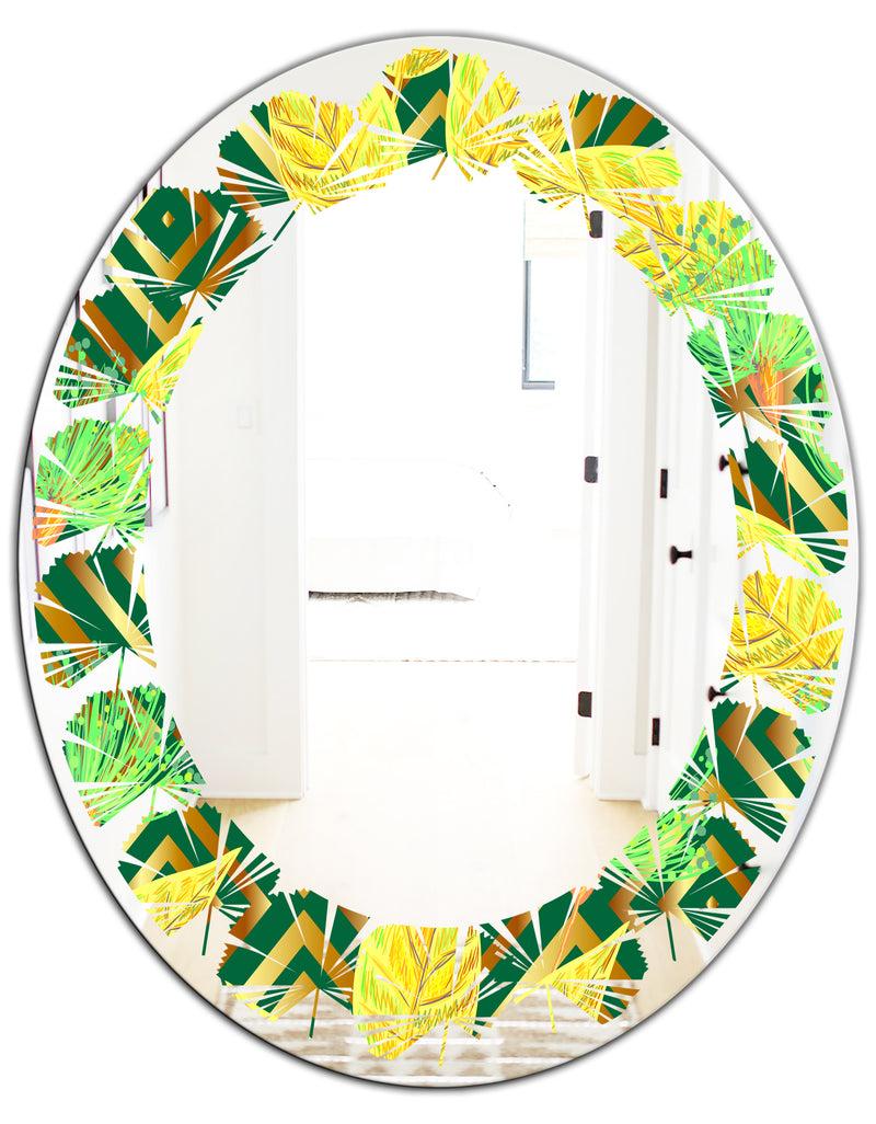 DesignQ Tropical Gold Luxury Pattern II - Modern Round Or Oval Wall Mirror - Leaves