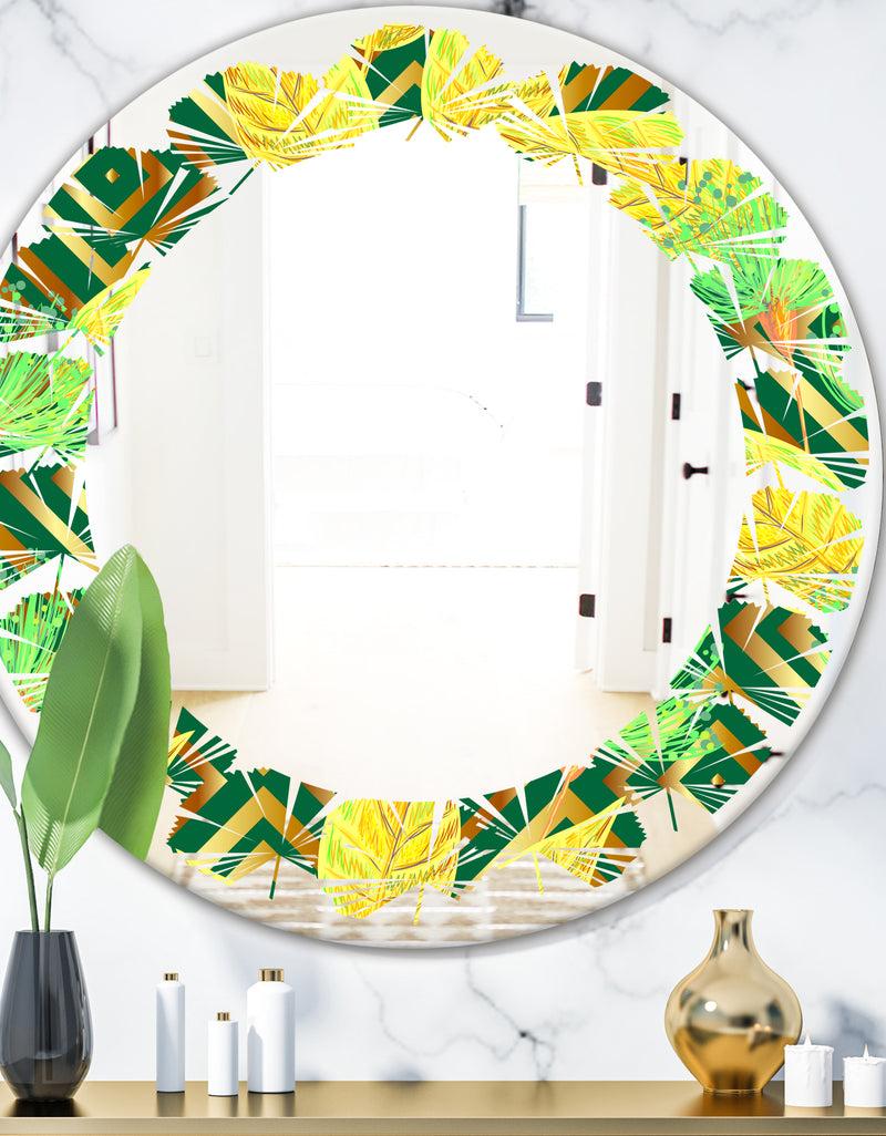 DesignQ Tropical Gold Luxury Pattern II - Modern Round or Oval Wall Mirror - Leaves